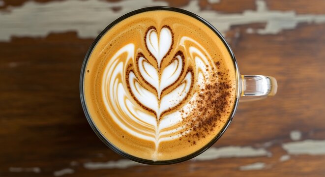 Top view of pumpkin-spice latte with latte art shaped like leaf.