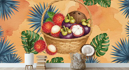 Tropical fruits in basket still life illustration