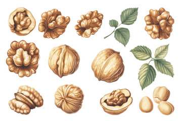 Collection of walnuts and green leaves isolated on transparent background. Set of delicious walnuts isolated on white background.