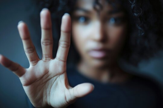 Defensive pose of woman raising hand title for a compelling image. Woman's raised