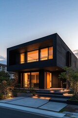 Modernist black house with flat roofs large windows exterior exuding simplicity and elegance, modern Japanese architecture style residential design