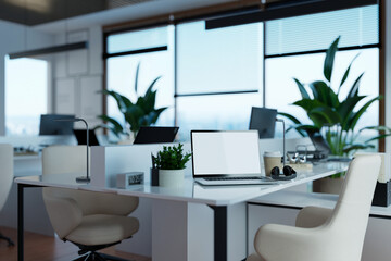 Modern office interior with white desk and empty laptop screen- 3D rendering