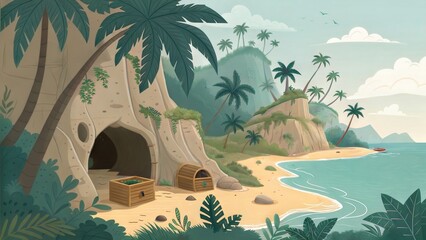 Tropical island cave with treasure chest and palm trees by the ocean