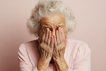 Elderly woman in deep despair with hands covering her face - emotional Sad desperate