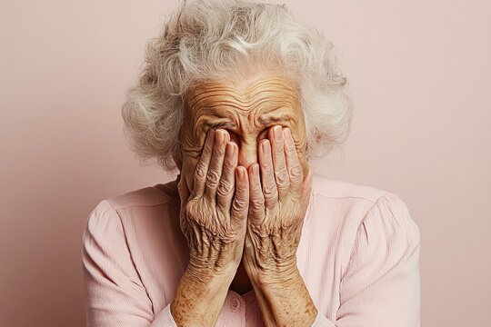 Elderly woman in deep despair with hands covering her face - emotional Sad desperate