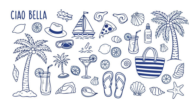 Embrace the vibrant spirit of summer with this delightful collection of beach essentials, tropical drinks, and playful seaside icons, perfect for creating cheerful invitations and lively designs.