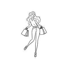 Black and white line art of a beautiful happy woman carrying shopping bags minimalist cheerful illustration