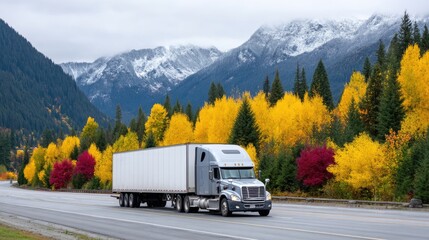Semi Truck on Highway Road with Freight Cargo and Mountain Backdrop with Fall Foliage in a Cloudy Sky