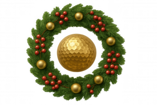 Festive fir wreath with golden ornaments and red berries framing a hammered gold golf ball, preparing for holiday sports