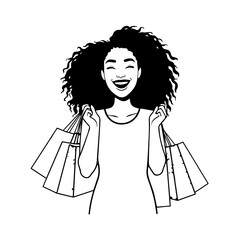 Black and white line art of a beautiful happy woman carrying shopping bags minimalist cheerful illustration