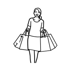 Black and white line art of a beautiful happy woman carrying shopping bags minimalist cheerful illustration