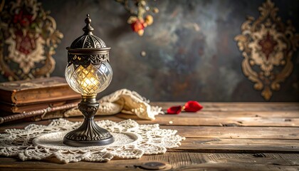 Ornate lamp, books, lace, and rose petals on rustic wooden table