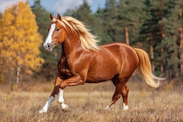 Fototapeta premium Happy young horse running through the field on a crisp fall morning