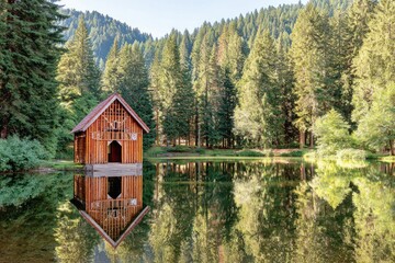 Wooden cabin reflects in still pond, surrounded by lush forest