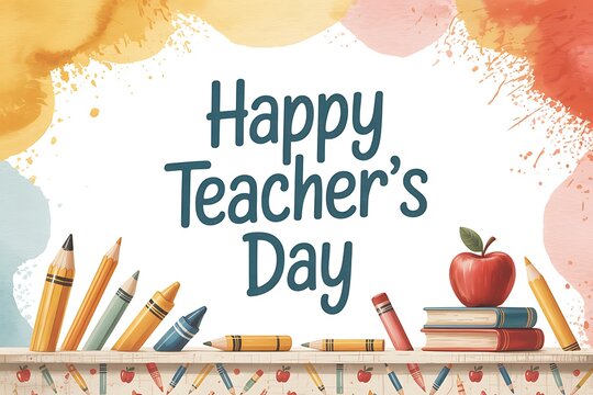 Happy teacher's day greeting card with colorful pencils books and apple for appreciation