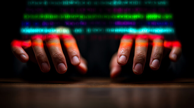 Hands typing on a keyboard with glowing binary code in the background