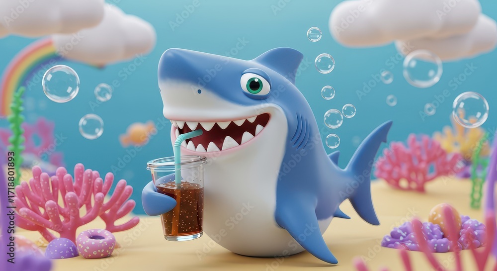Poster a cheerful cartoon shark enjoys a refreshing drink in an underwater scene filled with colorful coral