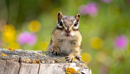 Curious chipmunk on a weathered stump in a vibrant flower meadow