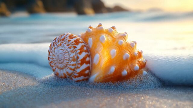 Shells resting on sandy beach with waves in background