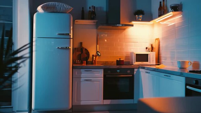 Modern kitchen at night with ambient lighting featuring refrigerator, cabinets, and microwave