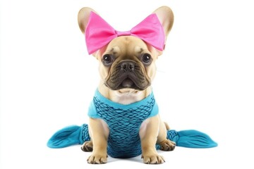 French Bulldog in comical mermaid costume with blue fishtail and seashell bra, dog wearing a funny full body