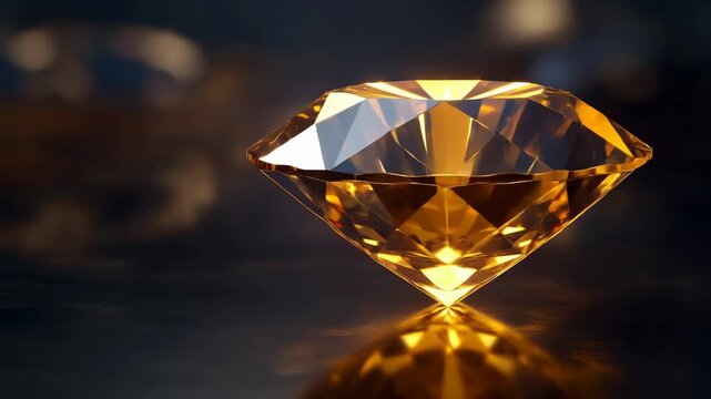 Shiny yellow diamond gemstone with sharp facets reflecting light on dark surface luxury jewel symbol