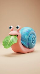 A playful, cartoonish snail in a light-pink hue holds a vibrant green leaf, its shell a vibrant turquoise blue with subtle purple accents.
