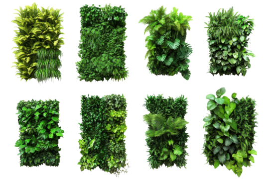 Collection of lush green artificial plant panels isolated on transparent background. Set of green garden walls from tropical plants isolated on white background.