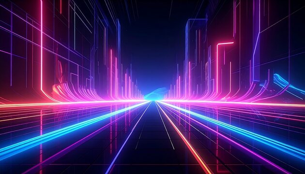 Futuristic city streetscape with vibrant neon lights