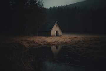 Misty, secluded cabin in a dark forest