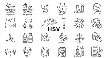 Fototapeta premium Illustration of herpes simplex virus symptoms, prevention, and treatment options in outline style