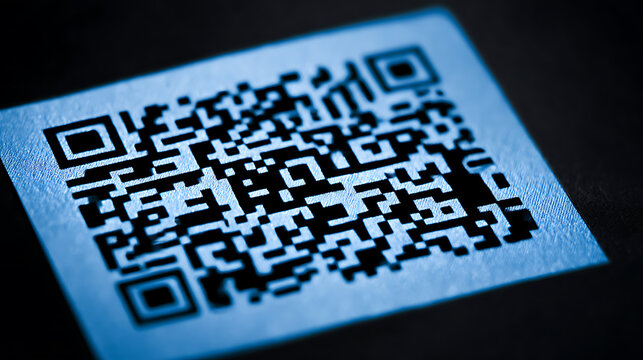 Close-up of a QR code illuminated with blue light on a dark background