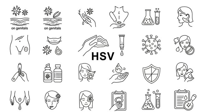 Illustration of herpes simplex virus symptoms, prevention, and treatment options in outline style