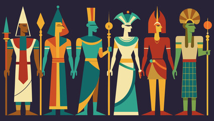 Stylized egyptian figures in traditional attire holding staffs