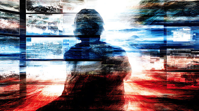Silhouette of a person facing a digital interface with overlapping data and abstract visuals in a high-tech environment