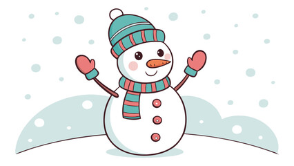Cheerful snowman with hat and scarf waves in a snowy winter scene, transparent background
