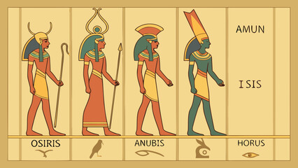 Egyptian gods and goddesses depicted in hieroglyphic style