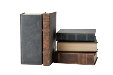 Collection of antique and vintage books standing upright isolated on transparent background. Set of hardcover wide square and narrow books isolated on white background.