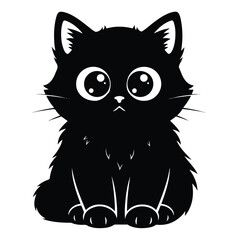 A black cartoon cat with large eyes and white details sits facing forward on a plain white background in a graphic illustration.