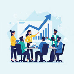 Illustration of a diverse business team collaborating around a table with a graph and laptop in a modern office setting with a professional and productive mood.