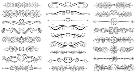 Collection of decorative dividers with floral and heart elements in black and white design style