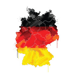 Vibrant illustration of Germany's map with a colorful, abstract representation of the country's flag, featuring black, red, and yellow hues on a white background.