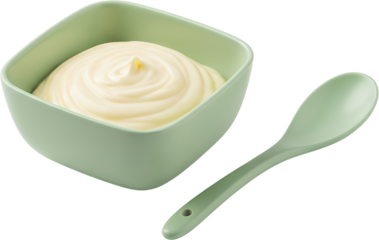 A light green square bowl filled with creamy mayonnaise and a matching spoon beside it ready to isolate transparent background