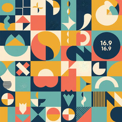 Vibrant geometric pattern with various shapes and colors, including a dark blue circle with white text, against a multicolored background.