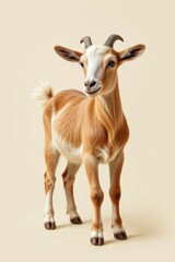 Fototapeta premium Adorable young goat with curved horns and light brown and white fur standing on a plain background, showcasing farm animal beauty and charm