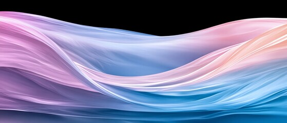 Flowing, pastel-toned fabric drapes elegantly against a black backdrop  Soft, fluid movement and a gradient of vibrant pinks, purples, blues and peaches