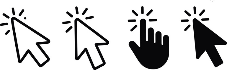 Cursor interaction icons, pointer click vector set, black and white UI clipart, digital interface symbols, hand gesture illustrations