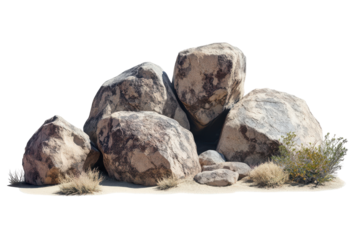 Group of rough textured natural stones isolated on transparent background. Set of massive boulders in a desert landscape isolated on white background.