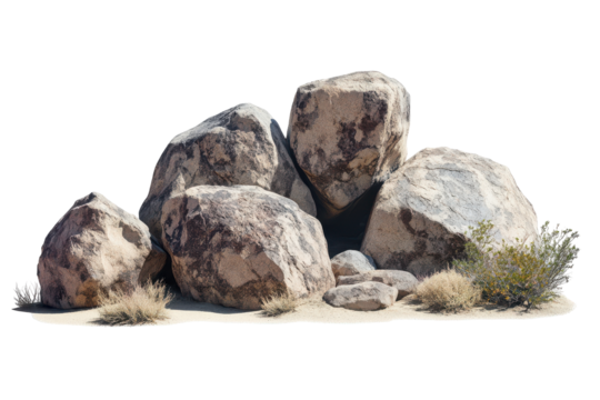 Group of rough textured natural stones isolated on transparent background. Set of massive boulders in a desert landscape isolated on white background.