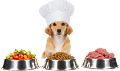 Adorable puppy wearing chef hat with three bowls of food chopped vegetables kibble and raw meat isolate